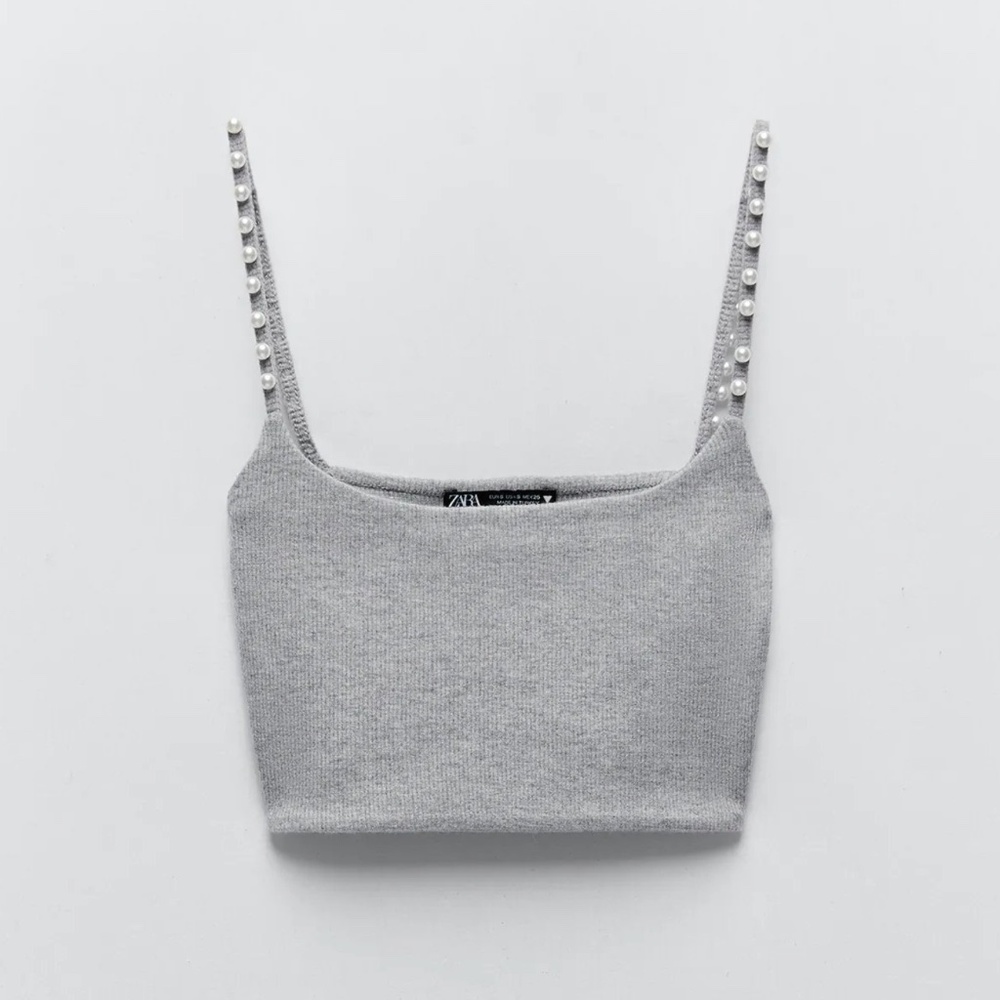 Zara Gray Pearl-Strap Ribbed Crop Top